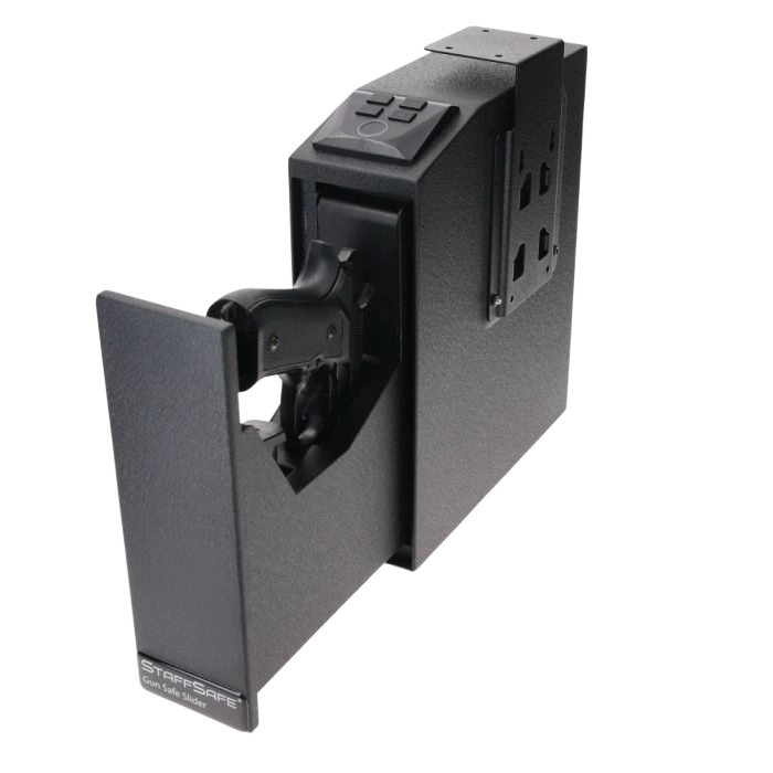 Compact biometric pistol safe with a handgun stored inside, quick-access slide-out design.